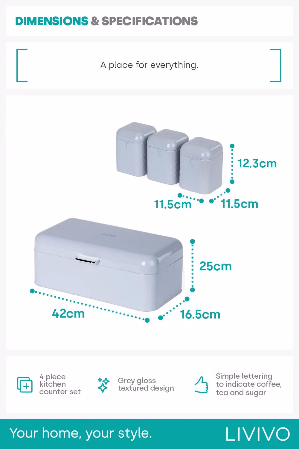 LIVIVO Taurus 4pc Kitchen Storage Set with Airtight Bread Bin and Canisters for Tea, Coffee and Sugar in Grey – 3