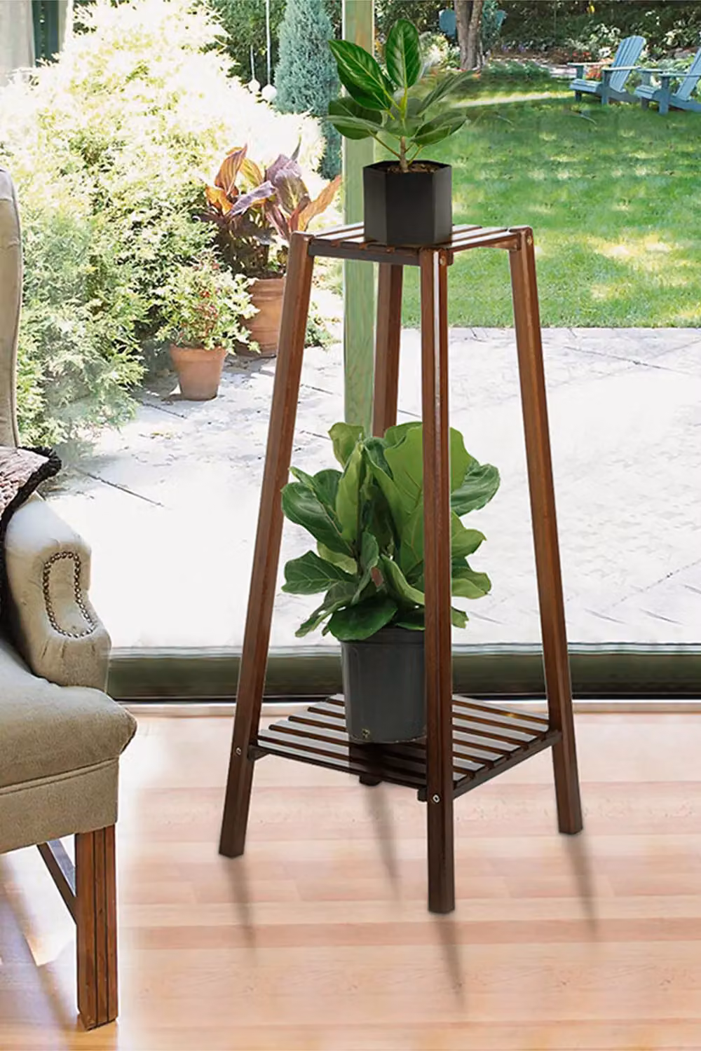 Living and Home 2-Tier Vintage Solid Wood Indoor Plant Stand and Display Shelf in Brown – 3
