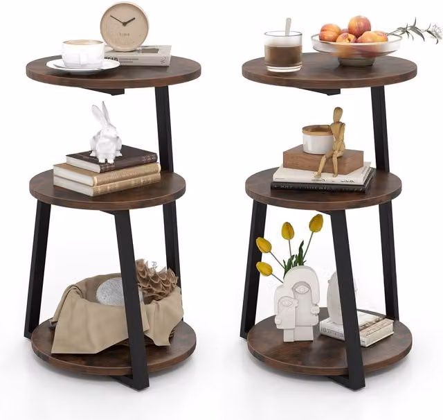 COSTWAY Set of 2 Industrial Brown Sofa End Tables with Metal and Wood Serving Tiers
