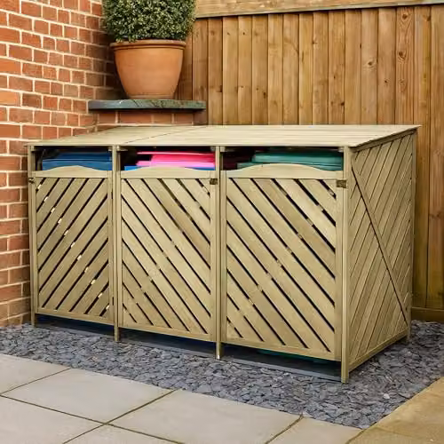 Jack Stonehouse XL Triple 3-Bay Wooden Wheelie Bin Store for 240L or 360L Bins, Natural/Brown, W/D/H: 122 x 92.5 x 218.5 cm