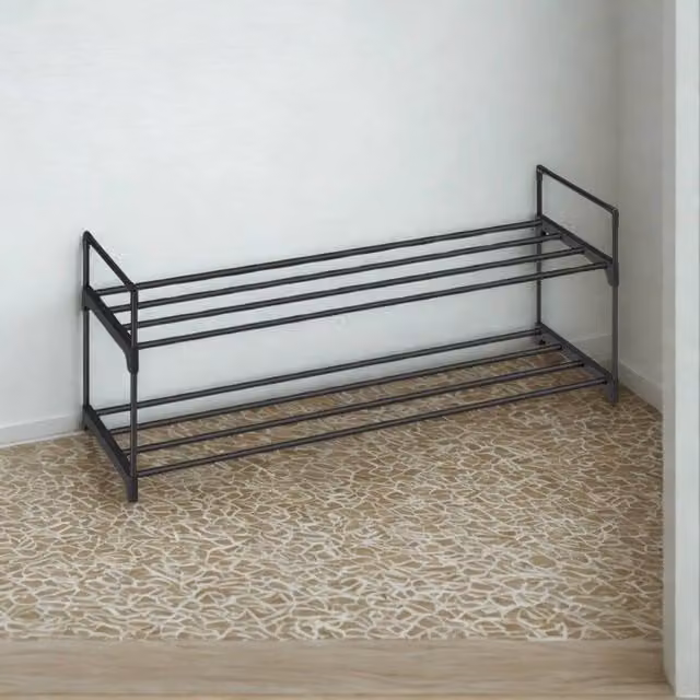 Pirlo Plush 2 Tier Black Metal Shoe Storage Rack with Slats
