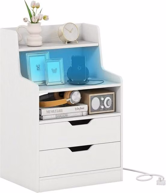 FORGEVIO Modern White LED Nightstand with Integrated Lighting and Charging Station