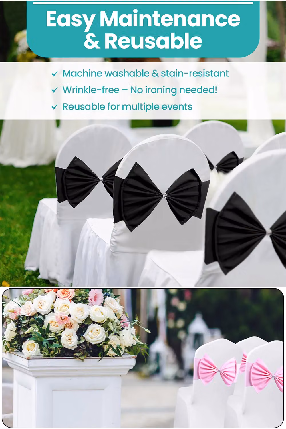 Neel Blue Pack of 10 Stretchy Chair Sash Bands with Slider Buckles in Black and Blue for Weddings, Parties and Events – 4