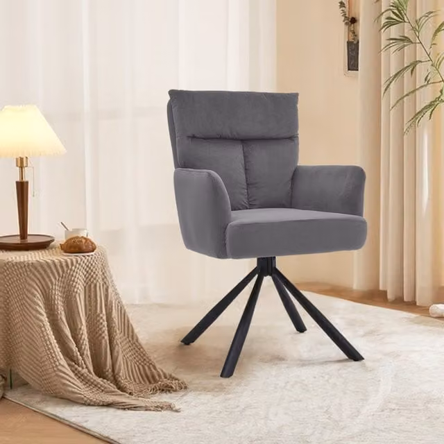 Livingandhome Grey Velvet Upholstered Modern Swivel Armchair with Black Legs