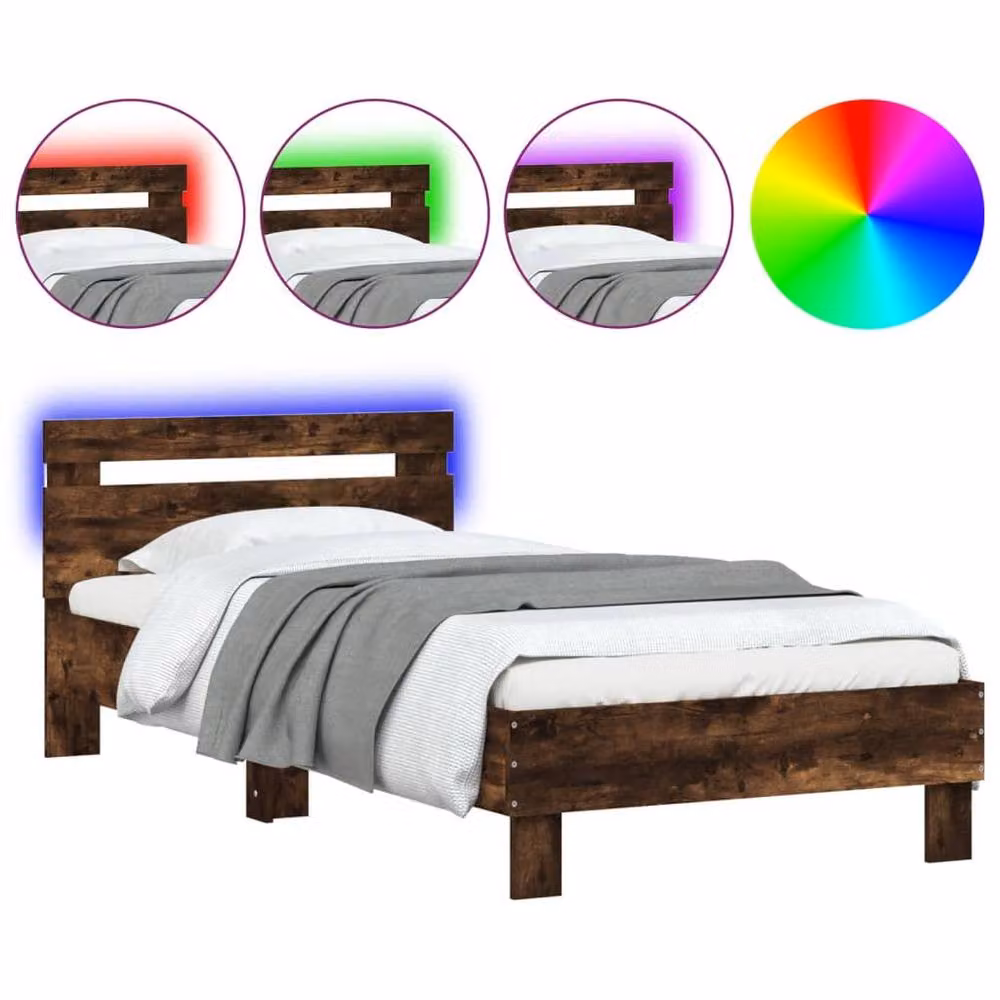 Berkfield Home Durable Bed Frame with LED Under-Bed Lighting in Smoked Oak Brown, W/D/H: 90 x 200 x 70 cm – 3