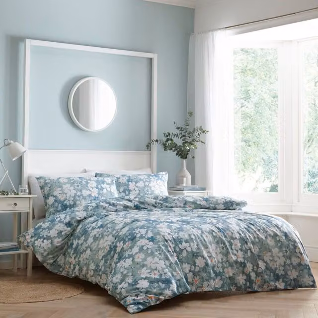 Portfolio Floral Burst Easycare Polycotton Duvet Set in Duck Egg Blue and White, Single, 90 x 200 cm