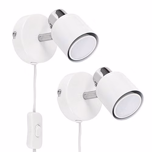 ValueLights Benton Pair of Modern White and Chrome Adjustable Plug In Wall Spotlights