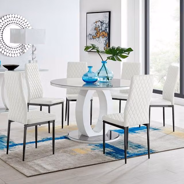 FurnitureboxUK Giovani Round Grey Glass Dining Table and 6 Milan Black Leg Faux Leather Chairs, White