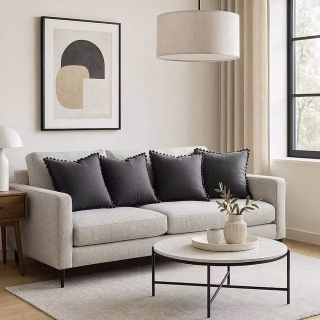 Luxor Living Set of 4 Square Velvet Cushions with Pom Trim in Anthracite Grey, W/D/H: 43 x 43 x 43 cm