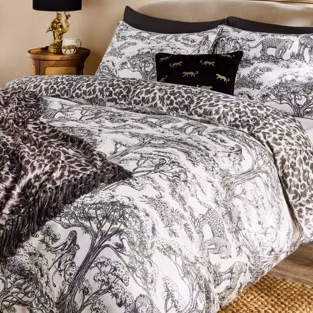 Clarke & Clarke Kisumu Reversible Graphic Cotton Duvet Cover Set in Black and White
