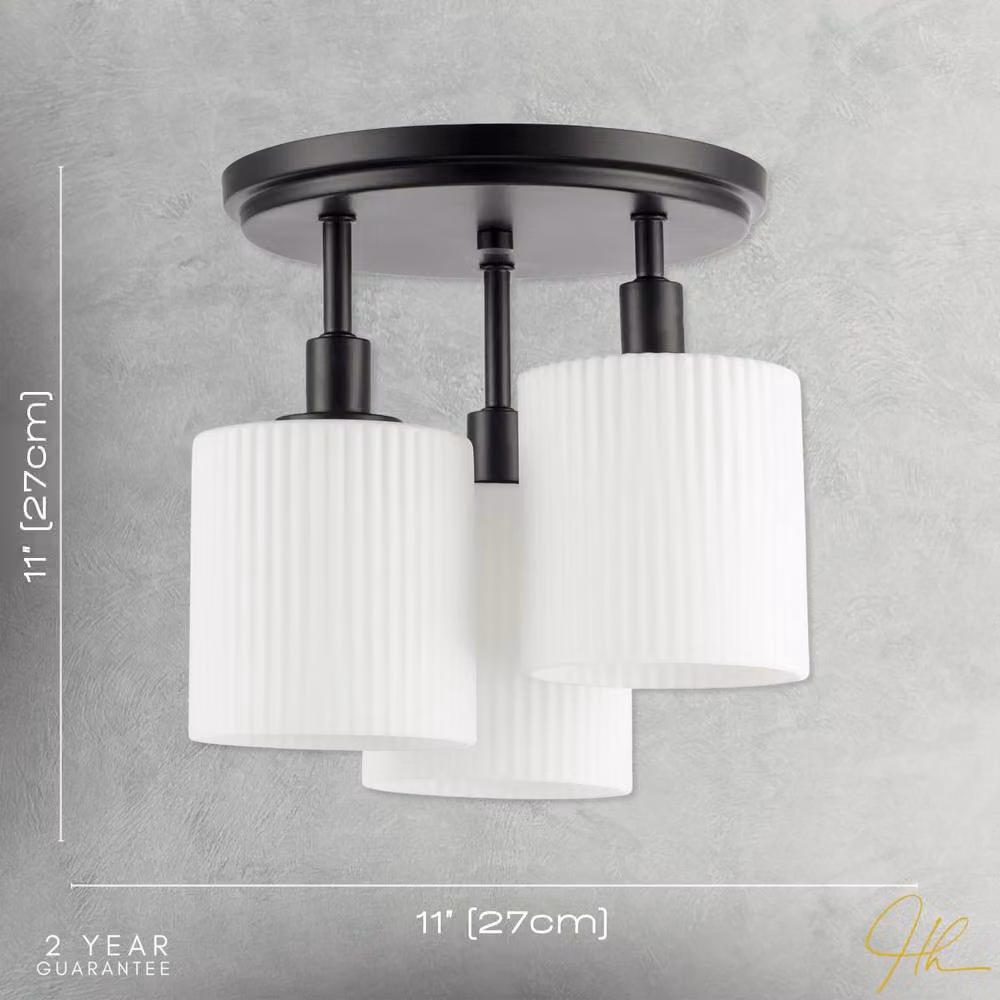 Happy Homewares Designer Semi Flush Ceiling Light with Fluted Opal Glass Shades in Black – 4