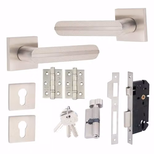 Golden Grace Modern Lima Euro Lock Door Handles and Euro Thumbturn Lock Set in Nickel Plated Silver