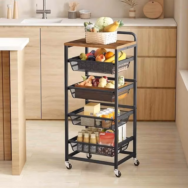 The Bazaarist 5 Tier Rolling Kitchen Trolley with Pull Out Baskets in Rustic Brown and Matt Ink Black