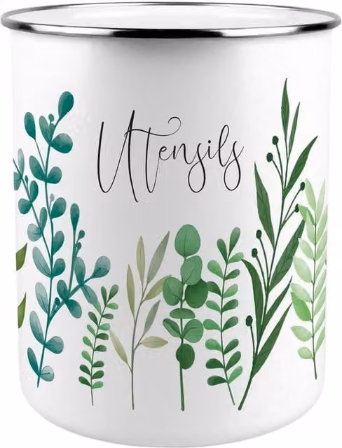Purely Home Green Foliage Kitchen Utensil Holder in Green and White