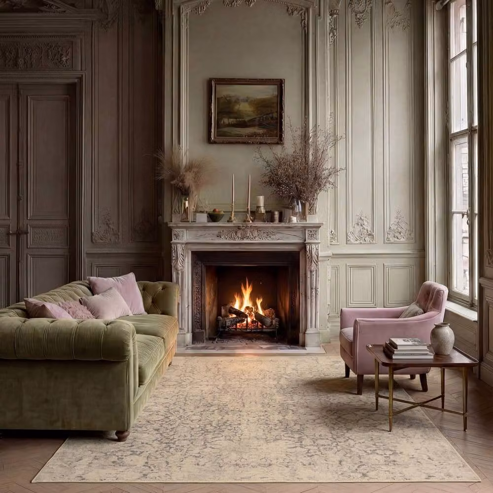 Kukoon Cream Beige and Grey Floral Distressed Machine Washable Living Room Area Rug, W: 240 cm, D: 330 cm – 2