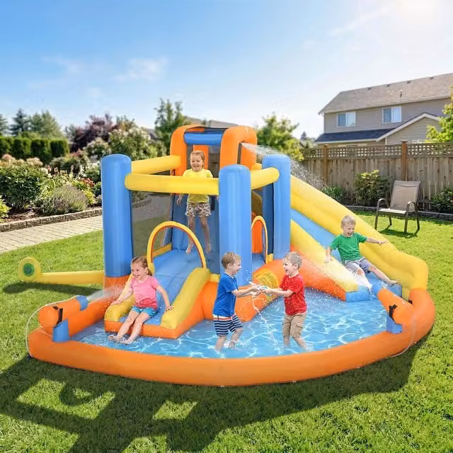 AIYAPLAY 5 in 1 Inflatable Bouncy Castle with Slide and Spray for Children, Multicolour