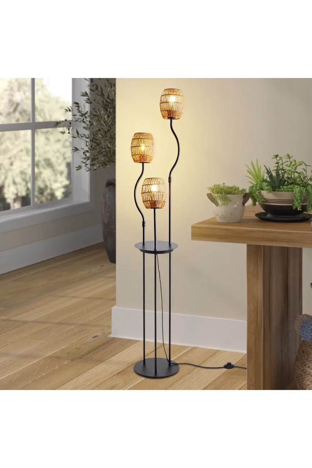 Living and Home Vintage 3-Light Braid Floor Lamp in Black with Rattan Cylinder Lampshades, Height: 160 cm – 2
