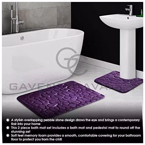 Gaveno Cavailia 2 Piece Purple Memory Foam Pebble Bath Set with Bath Mat and WC Pedestal Mat – 3