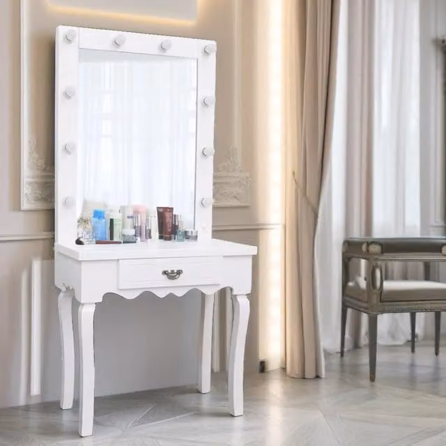 Pirlo Plush Modern White 1 Drawer Dressing Table with Hollywood LED Bulbs