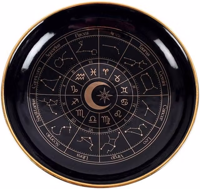 KDMK Round Ceramic Astrology Wheel Trinket Dish in Black and Gold