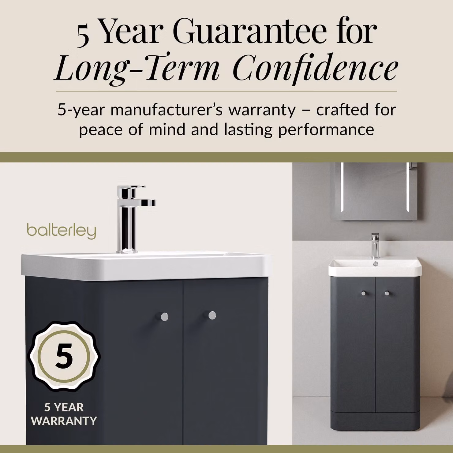 Balterley Dark Grey 2 Door Floor Standing Bathroom Vanity Unit with Basin and Soft Close Hinged Doors, Width: 50 cm – 3