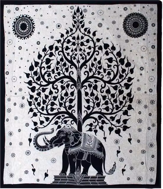 KDMD Double Cotton Bedspread and Wall Hanging Set with Mono Elephant Tree Design in Black – 2