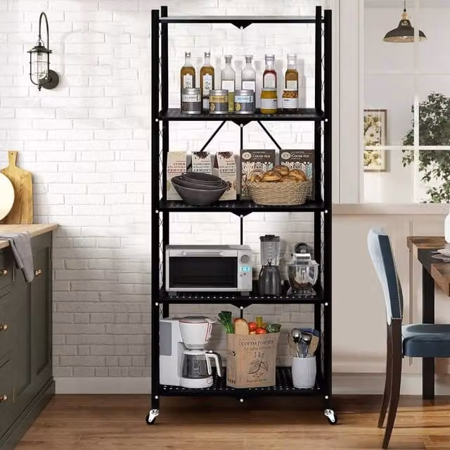 Hygrad Built to Survive 5 Tier Black Metal Multifunctional Foldable Portable Free Standing Storage Shelf Rack, W/D/H: 71.5 x 36.5 x 163 cm – 1
