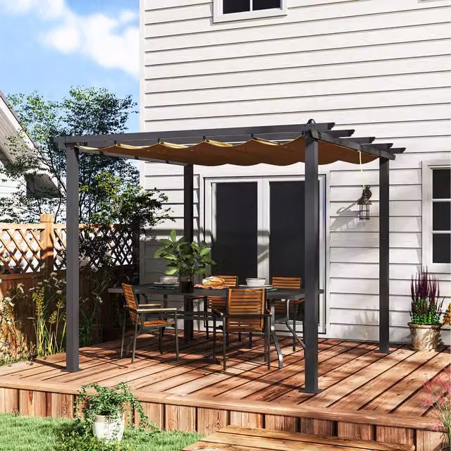 Outsunny Aluminium Pergola with Retractable Roof in Khaki, W/D: 300 x 300 cm