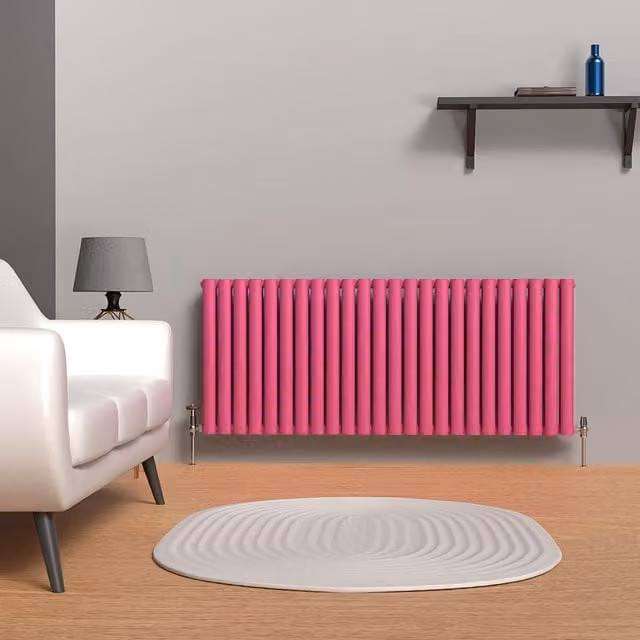Lux Heat Oval Horizontal Coloured Double Radiator in Pink, W: 1440 mm, H: 600 mm