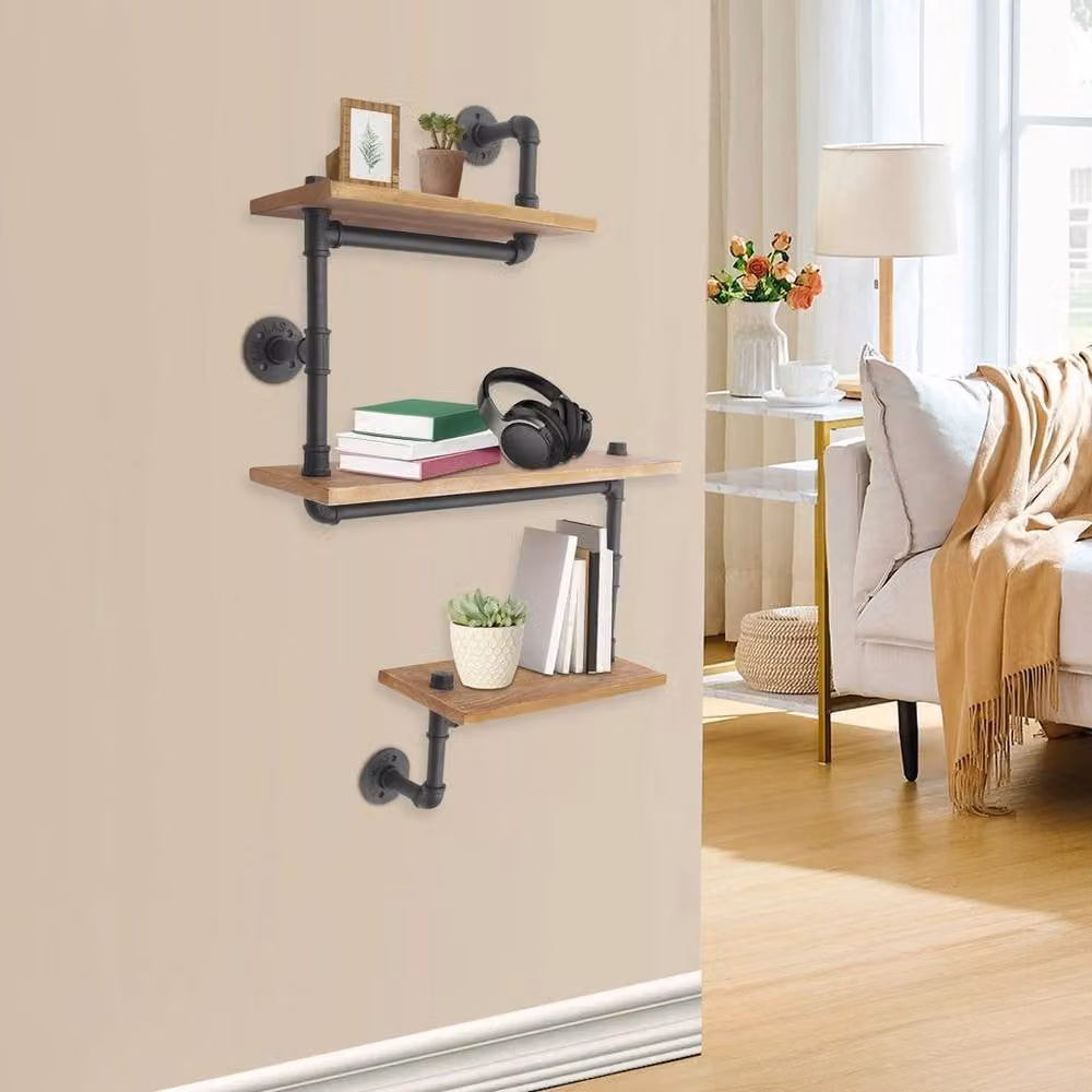 KORVIXA 3 Tier Industrial Wall Mounted Storage Rack in Brown, Metal and Wood, W/H: 100 x 100 cm – 2