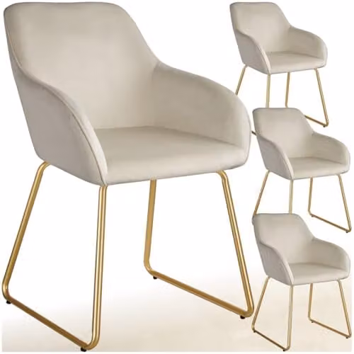 tectake Jeane Set of 4 Dining Chairs with Velvet Look Covers and Gold Metal Frames in Cream