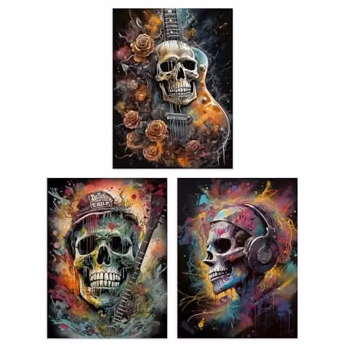 Artery8 Set of 3 Death Metal Music Skull and Guitar Horror Wall Art Prints, Multicolour, W: 21.0 cm, H: 29.7 cm – 1