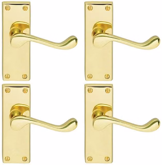 Loops 4 Pair Victorian Scroll Handles with Latch Backplate in Polished Brass, W: 120 mm x H: 41 mm