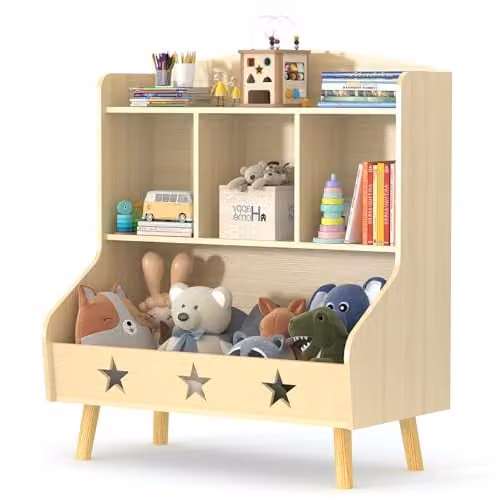 Huhote Kids Bookshelf and Toy Storage Cabinet with 3 Compartments, Brown, H 72.0 x W 61.5 x D 36.5 cm – 1