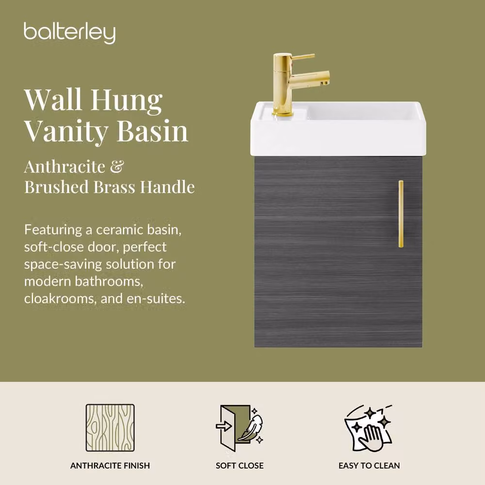 Balterley Wall Mounted Vanity Basin in Anthracite Grey with Brushed Brass Handle, W: 40 cm, H: 73.5 cm – 2