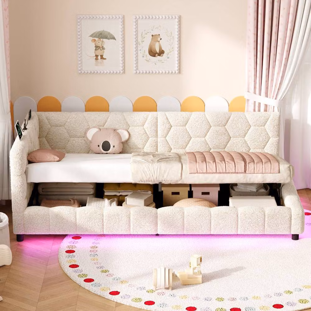 Matteo 3ft Single Hydraulic Storage Bed with Hexagon Tufted Headboard in Beige Bouclé Fabric, W/D/H: 90 x 190 cm – 3