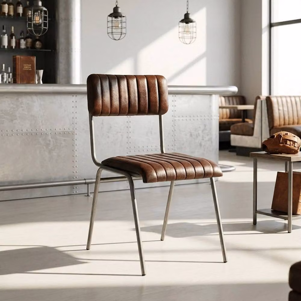 PAWNORA Vintage Metal Dining Chair with Brown Synthetic Leather, H 78.5 x W 45 cm x D 44 cm – 2
