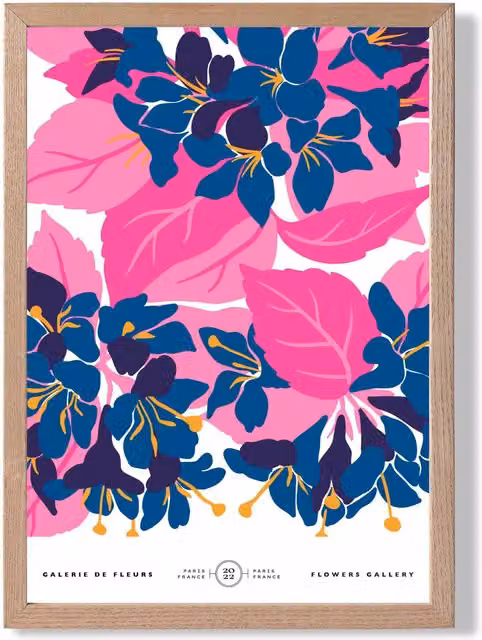 ARTZE Abstract Blue and Pink Blossom Flower Market Gallery Framed Print with Oak Frame in Mid Blue, A2 – 1