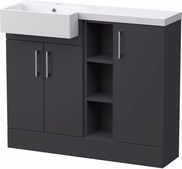 Balterley Wichnor Contemporary Floor Standing 3 Door Combination Vanity Basin Unit with Open Shelves and Polymarble Basin, Width: 100 cm, Dark Grey