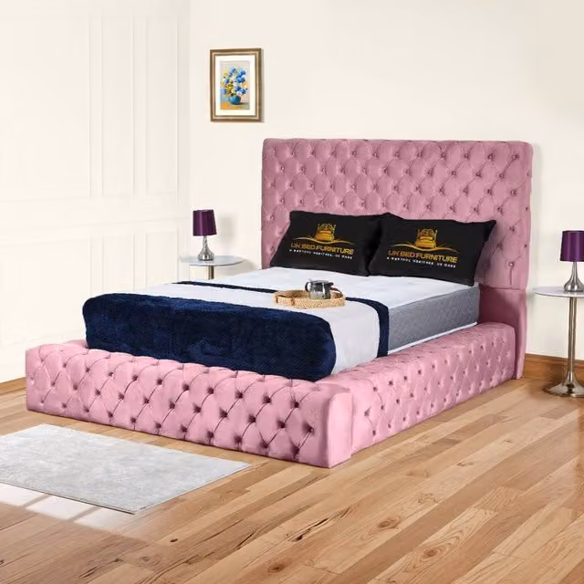 UK Bed Furniture Ambassador Ottoman Gas Lift Upholstered Velvet Bed in Pink, W/D/H: 200 x 200 cm – 1