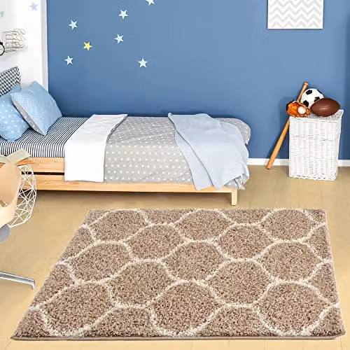 THE RUGS Modern Moroccan Shaggy Square Area Rug in Trellis Beige and Ivory, 120 x 120 cm
