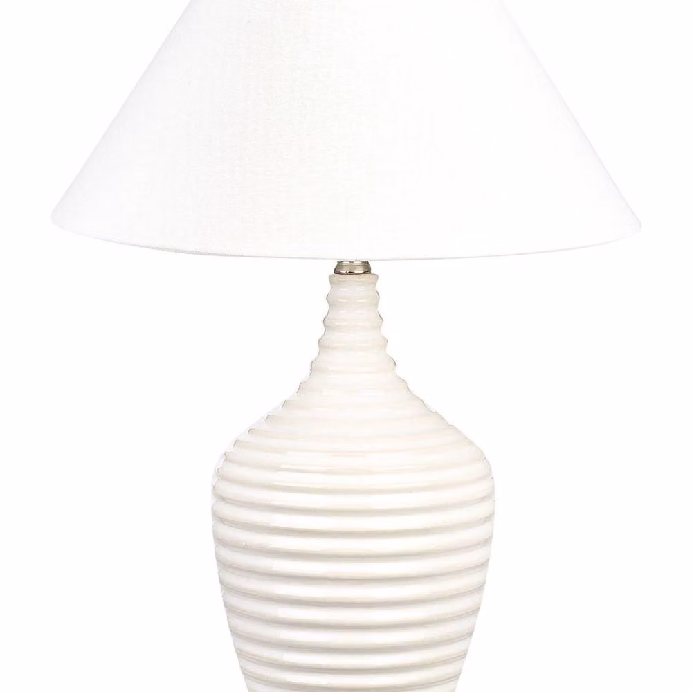 Wyld and Coco Carved Beige Ceramic Table Lamp with Fabric Shade – 2
