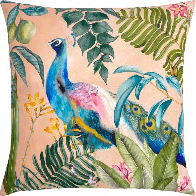 Make it a Home Tropical Peacock Square Outdoor Cushion in Blush Pink and Multicolour Floral Polyester
