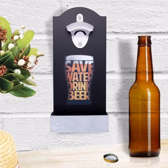 Maison Des Cadeaux Retro Save Water Drink Beer Bottle Opener and Cap Holder with Shelf, Black Wall Mounted Decor – 1