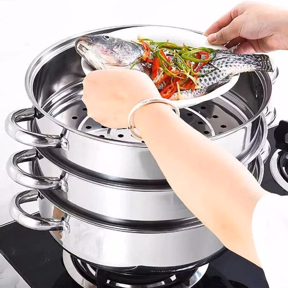 NESTLUNE 3 Tier Stainless Steel Steamer Cooker Pot Set in Silver, H 100 cm x W 15 cm x D 15 cm – 4