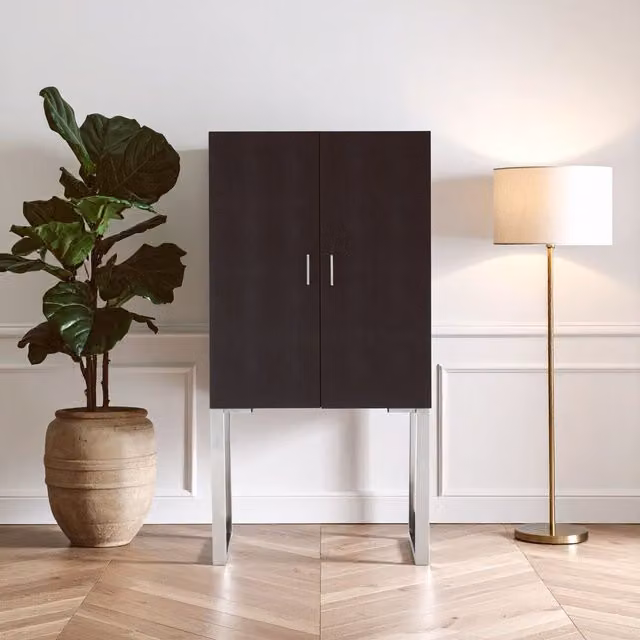 Orsina Contemporary Black Faux Shark Skin Small Cabinet with Silver Accents, W/D/H: 37.0 x 80.0 x 158.0 cm