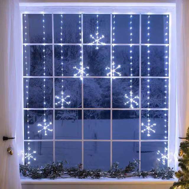 Christow Christmas Micro LED Snowflake Curtain Lights in Warm White, W/H: 120 x 120 cm