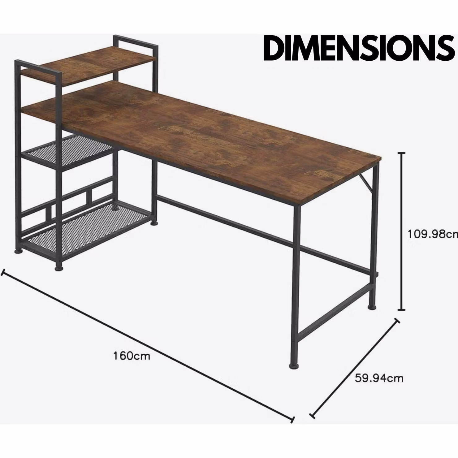 Rafaelo Mobilia Industrial 4 Tier Writing Desk in Dark Brown, W: 160 cm, D: 60 cm, H: 75 cm – 4