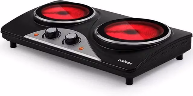 Cusimax Black 2100W Ceramic Double Burner Hot Plate with Analog Dials