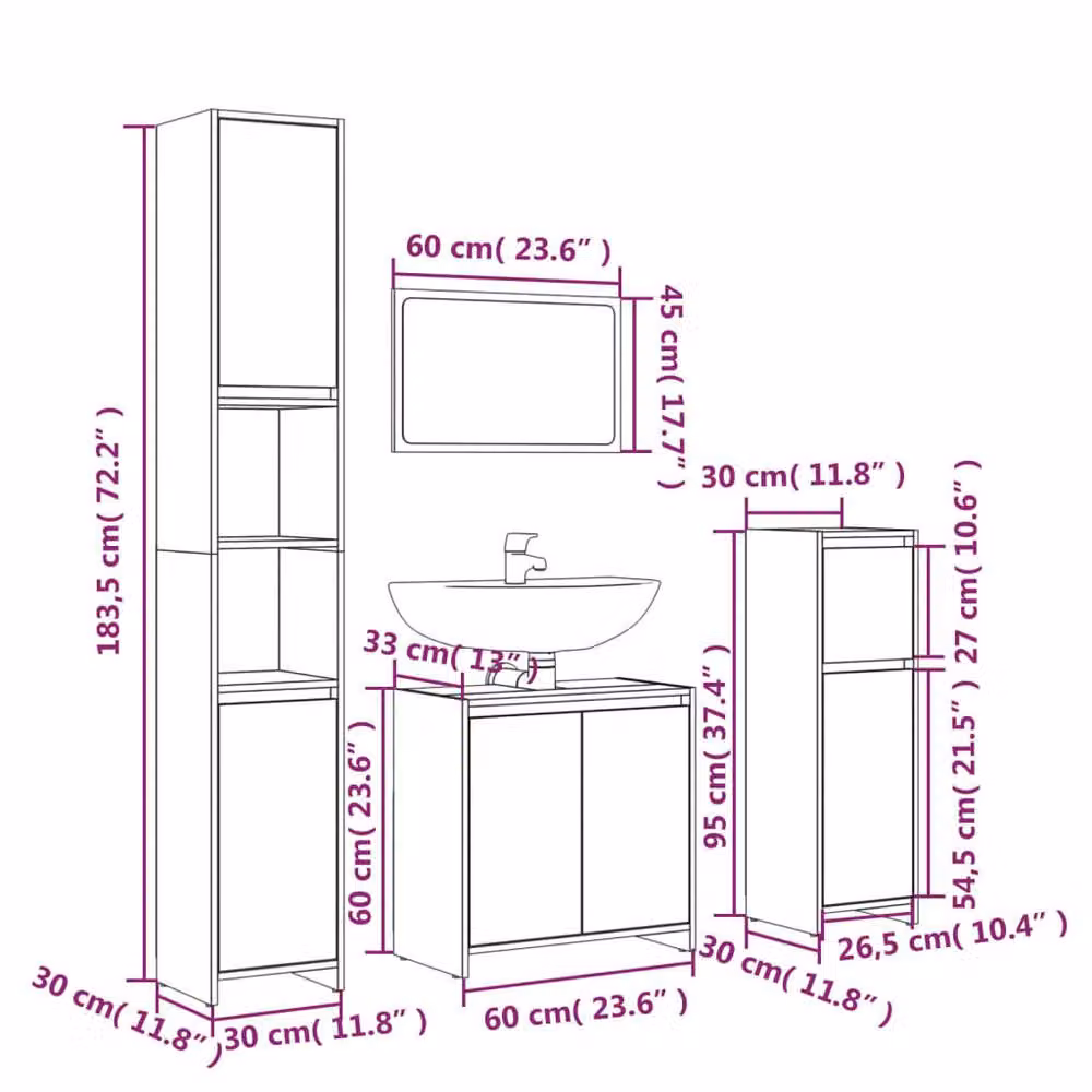 Berkfield Home Modern 4 Piece Grey Matt Bathroom Furniture Set including Mirror Cabinet, Wall Cabinet, Tall Cabinet and Vanity Unit – 2